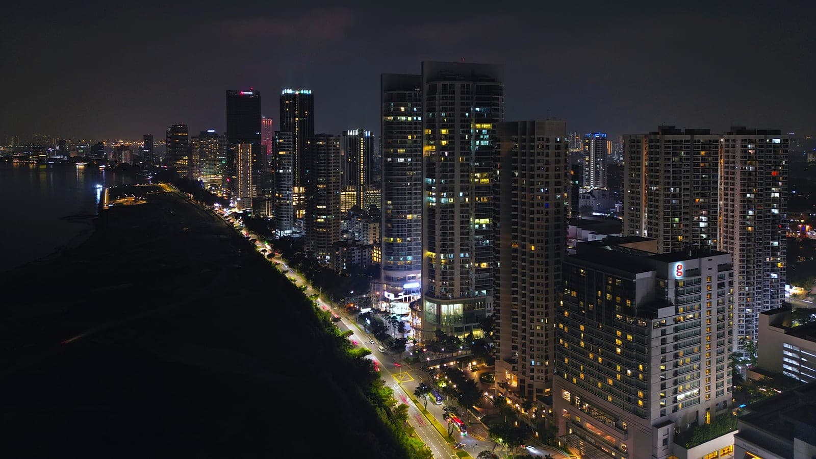 Gurney Drive lit up at night