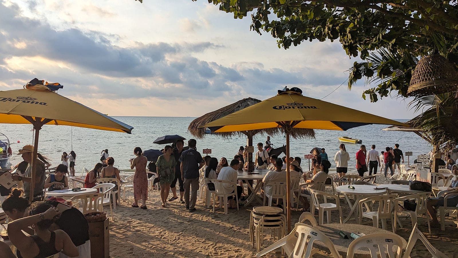 Beachfront restaurant seating set out for the evening